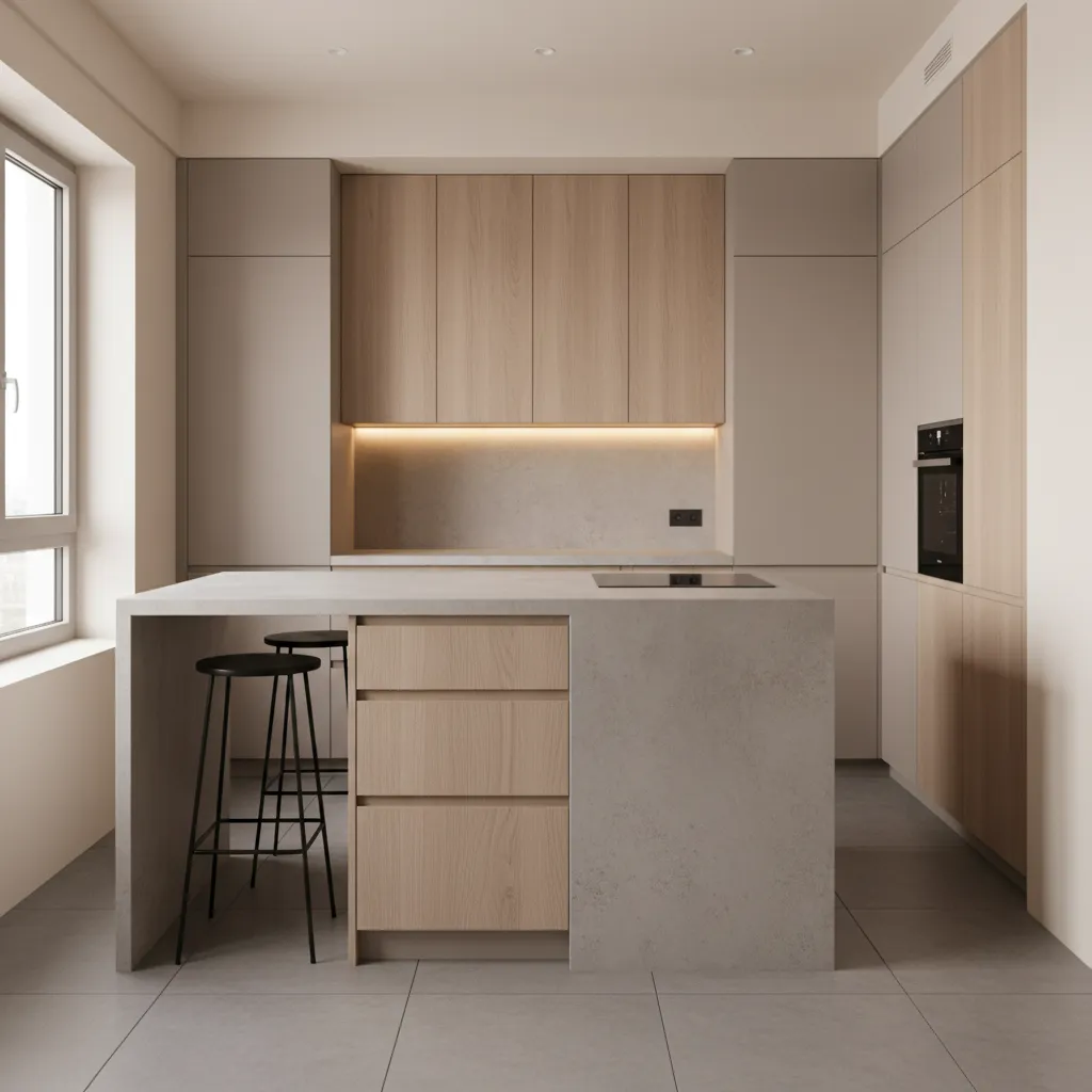 Cocina reformada con isla grande en un espacio pequeño