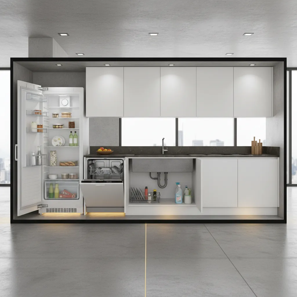 kitchen layout highlighting cockroach hiding spots behind appliances and under sink