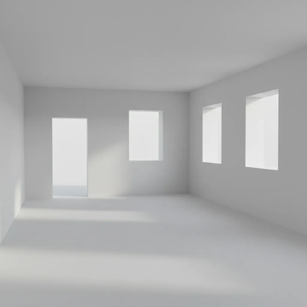 Empty white interior design drawing showing a room with one door and three square windows