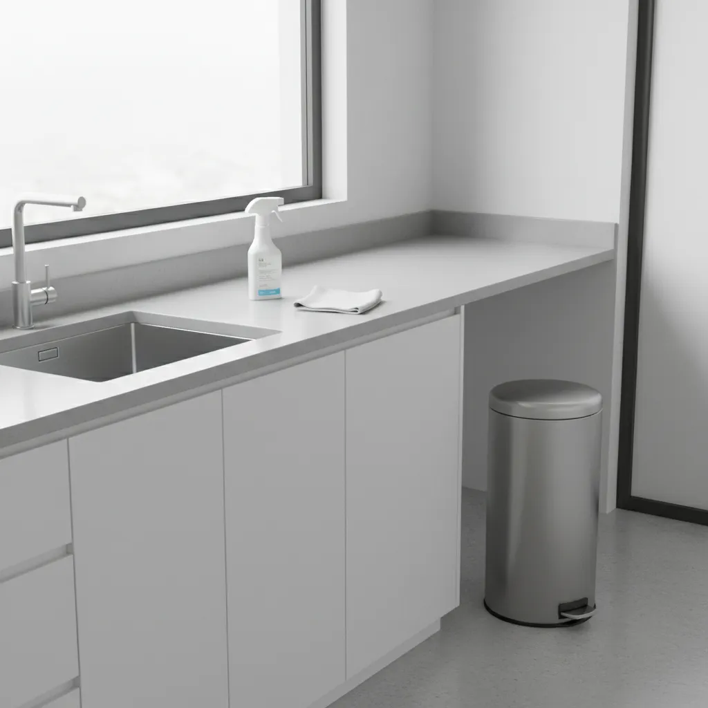 clean kitchen countertop and trash area showing sanitation practices to prevent maggots
