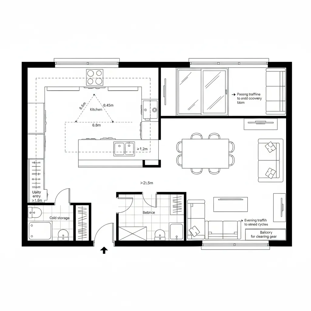 Top-down CAD plan of efficient L-shaped kitchen linked to dining and balcony