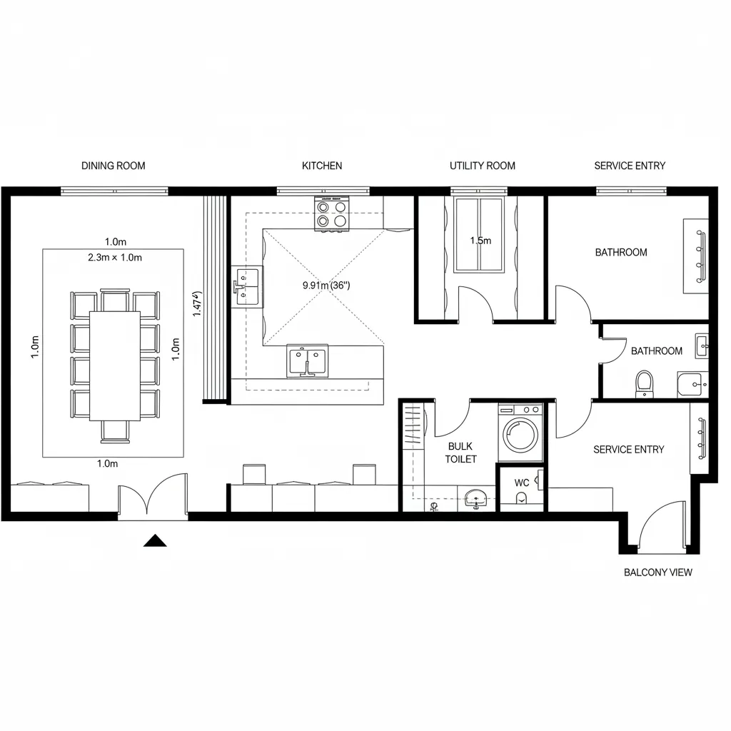 Interior design drawing showing a long room layout with dining area, kitchen, and service entry