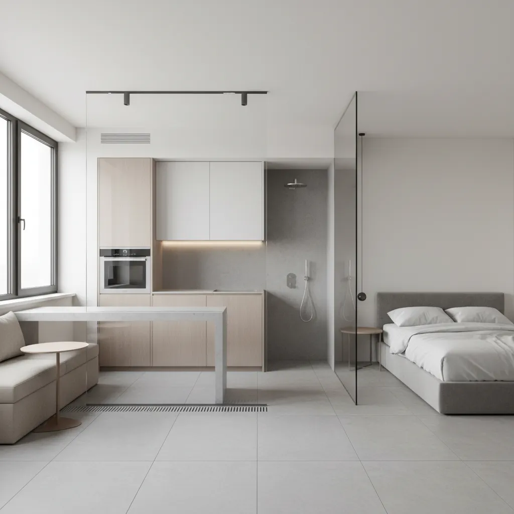 Open plan studio layout featuring sofa dining table kitchen shower and bed in a bright room