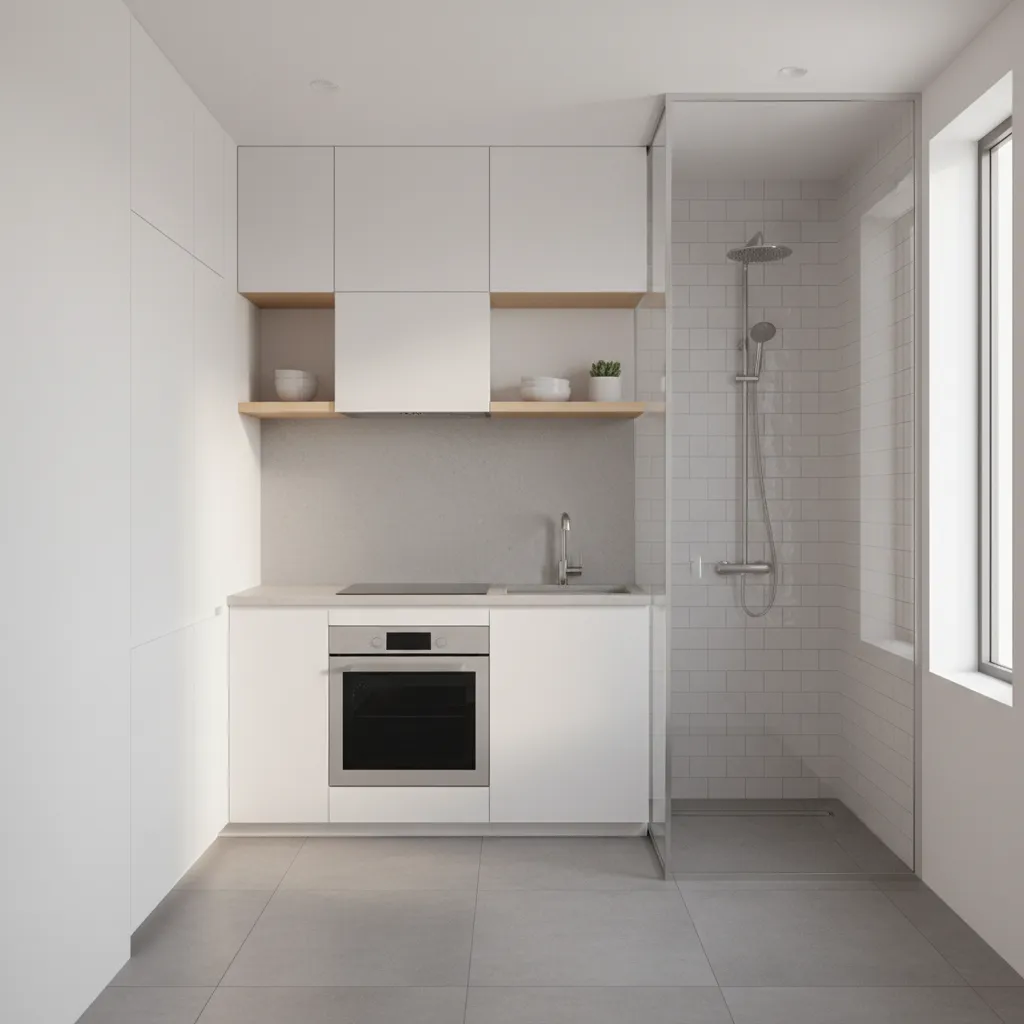 Kitchen shower separated from cooking area with glass partition