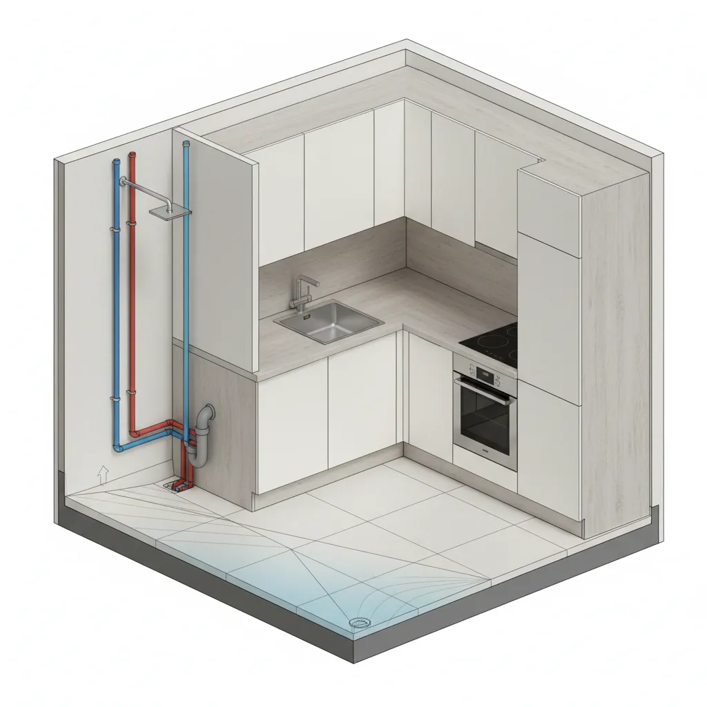 Kitchen shower plumbing layout and drainage planning visualization