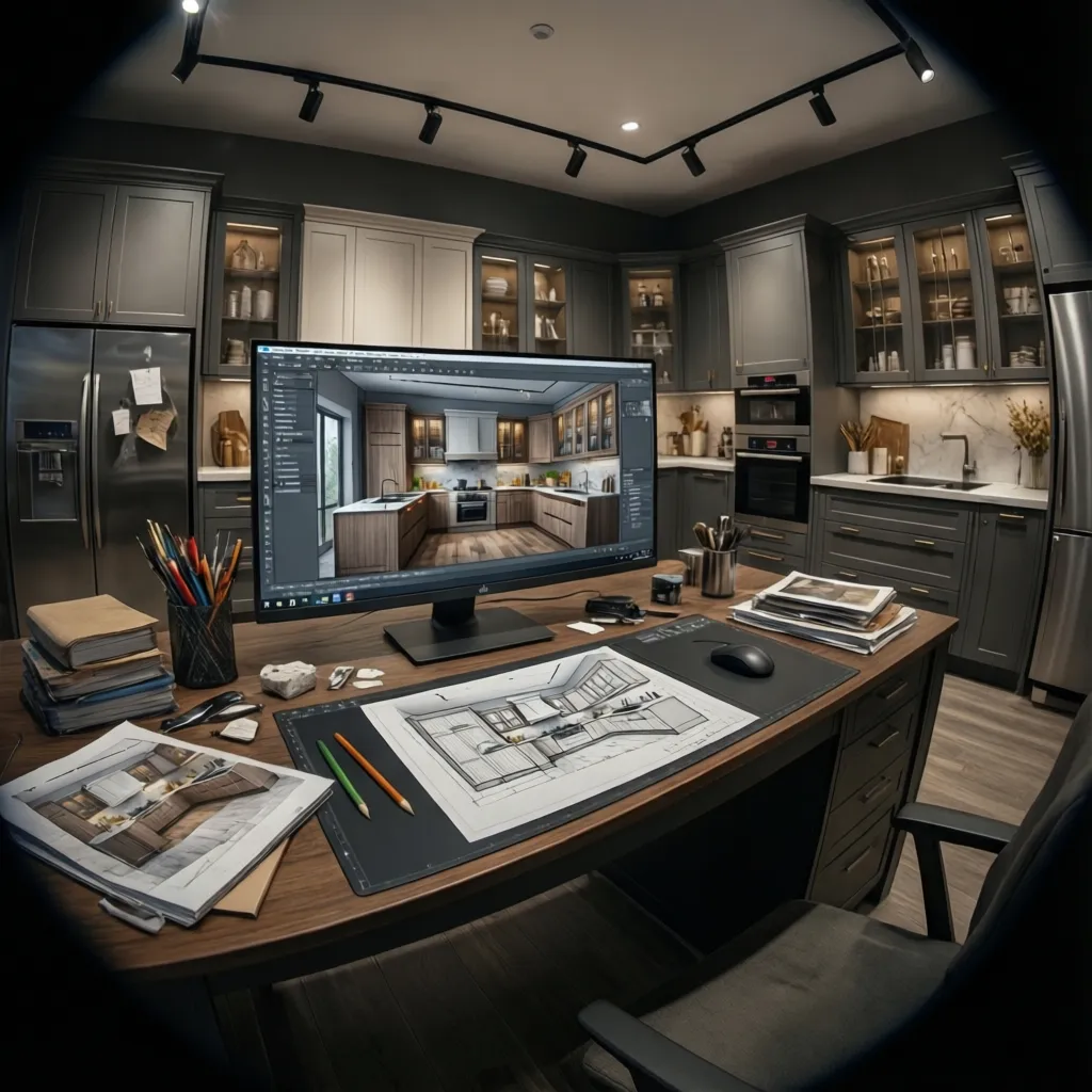 Kitchen showroom workstation with large screen displaying 3D kitchen cabinet design