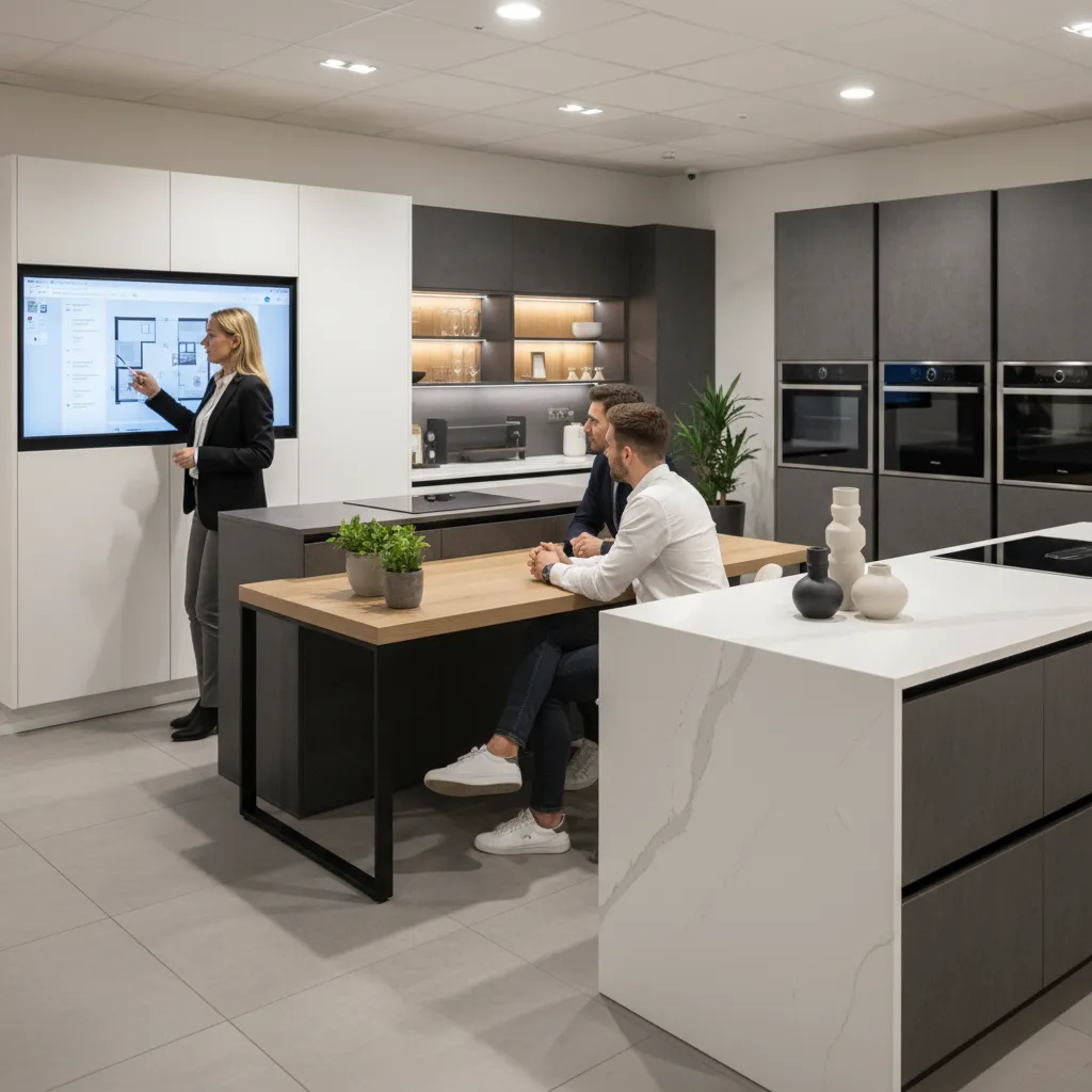 Diseñador explicando una propuesta de cocina a un cliente en un showroom