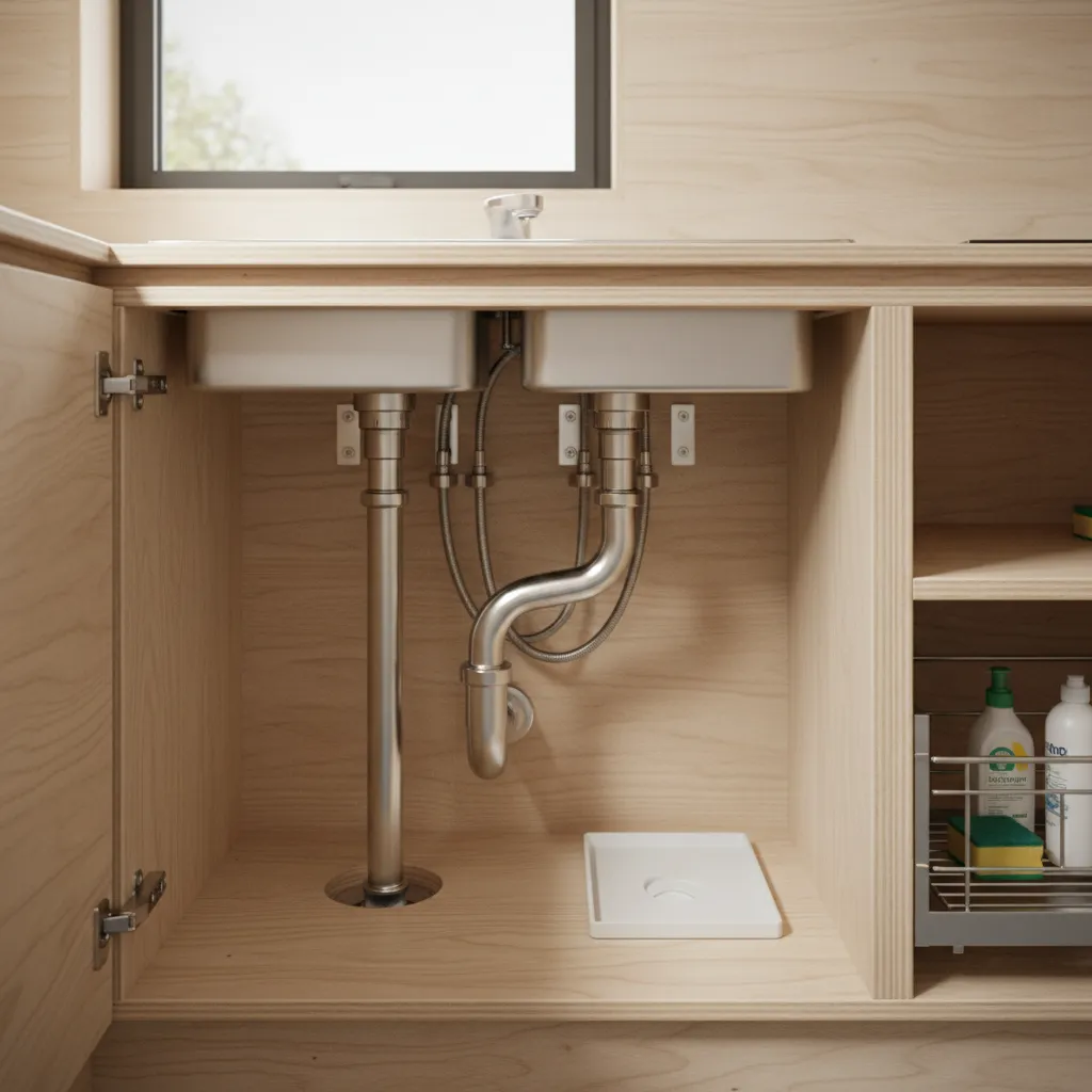 kitchen sink cabinet showing moisture exposure area