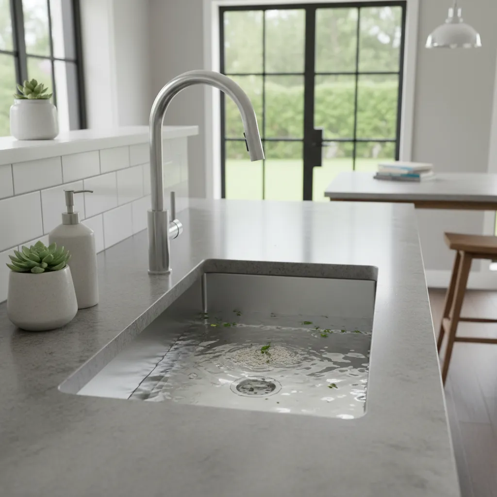 Kitchen sink filled with water showing early signs of a drain clog