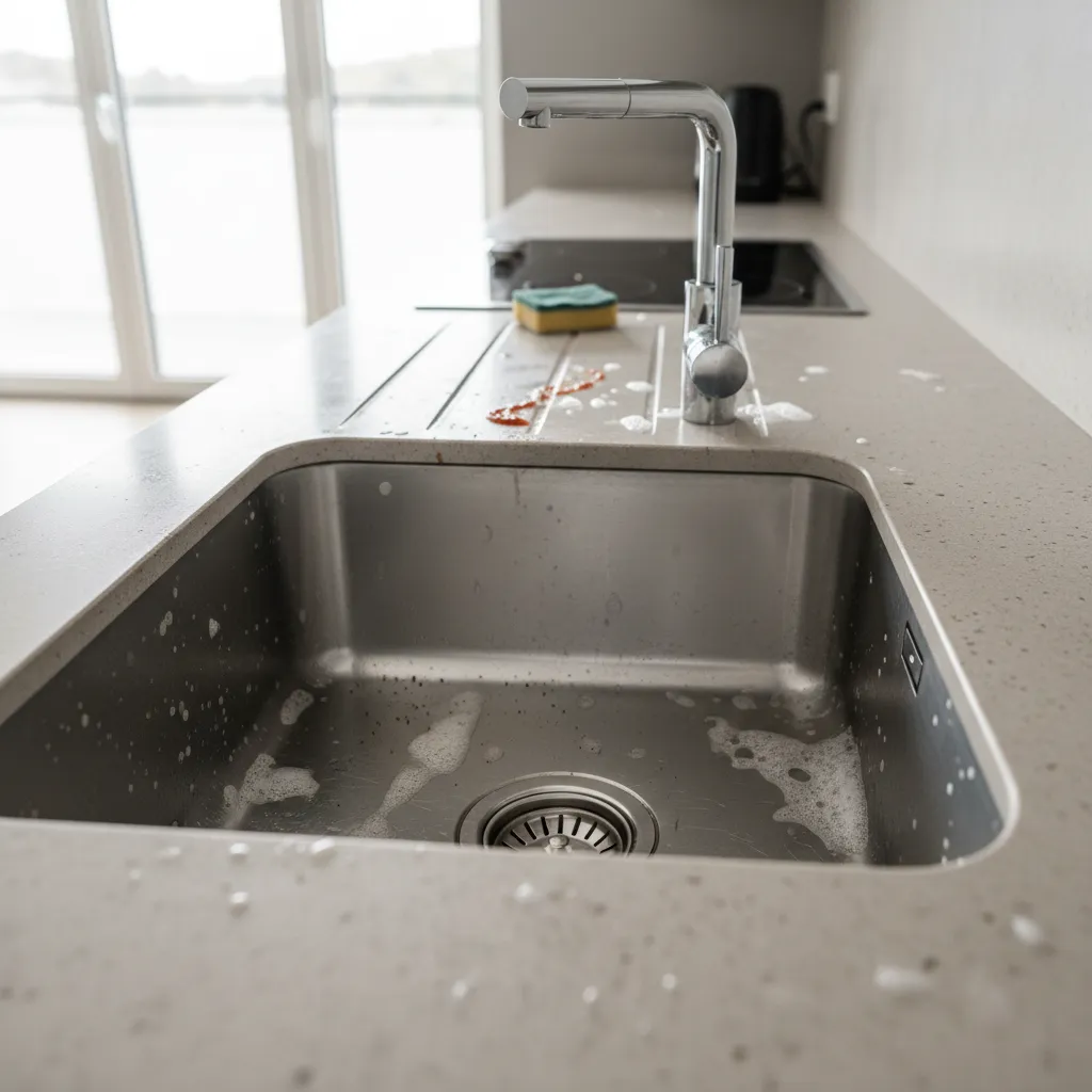 Kitchen sink drain being cleaned to remove odor buildup