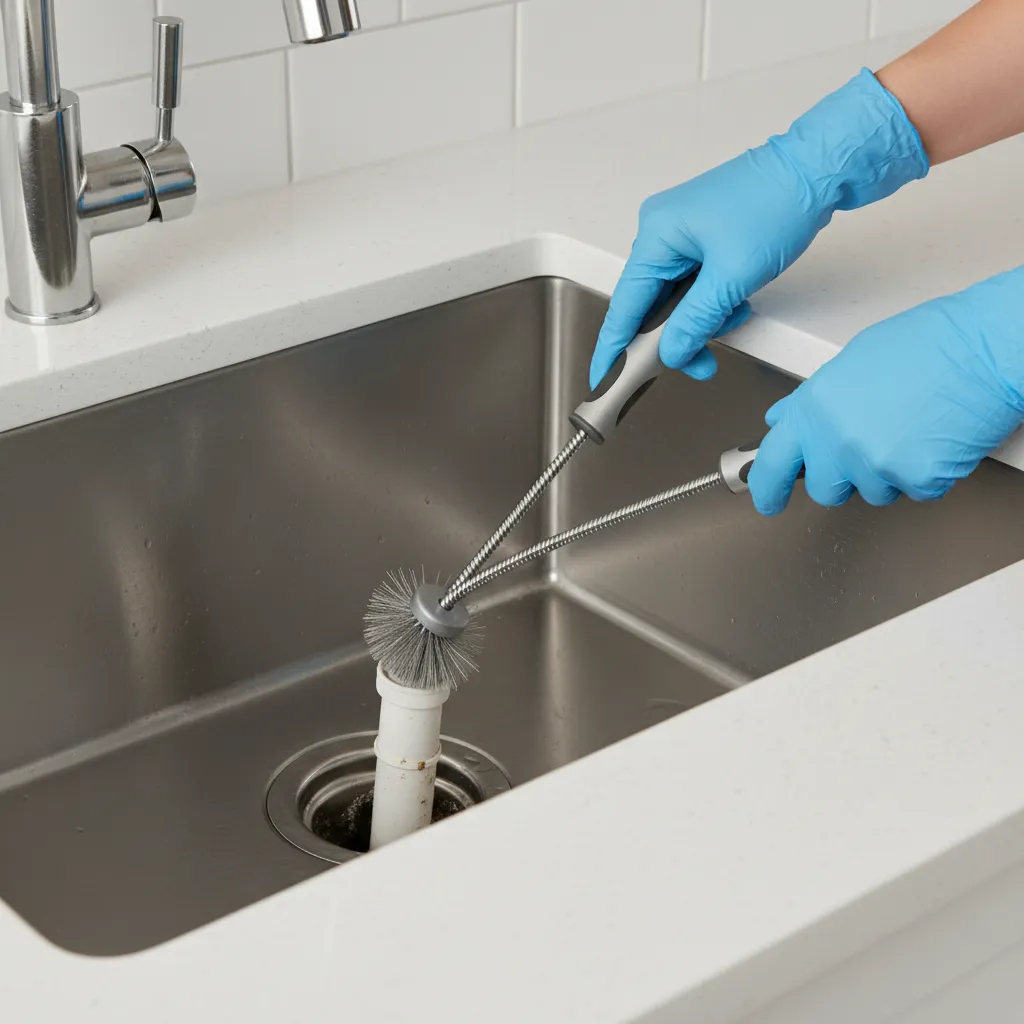 Close view of kitchen sink drain being cleaned to prevent fruit fly breeding