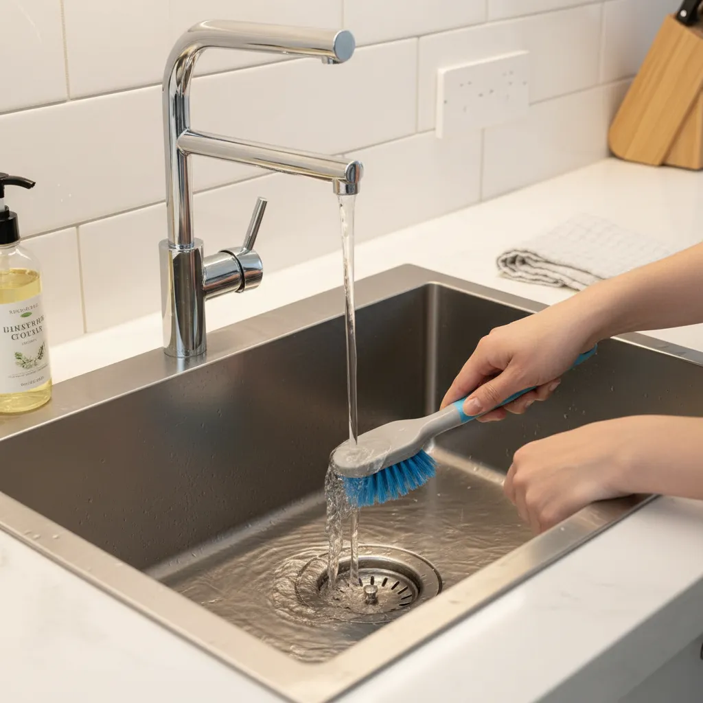 Cleaning a stainless steel kitchen drain to remove fly breeding areas