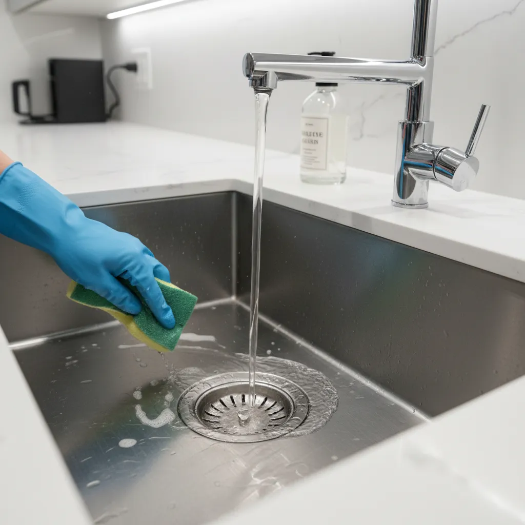 cleaning a kitchen sink drain to remove insect breeding spots