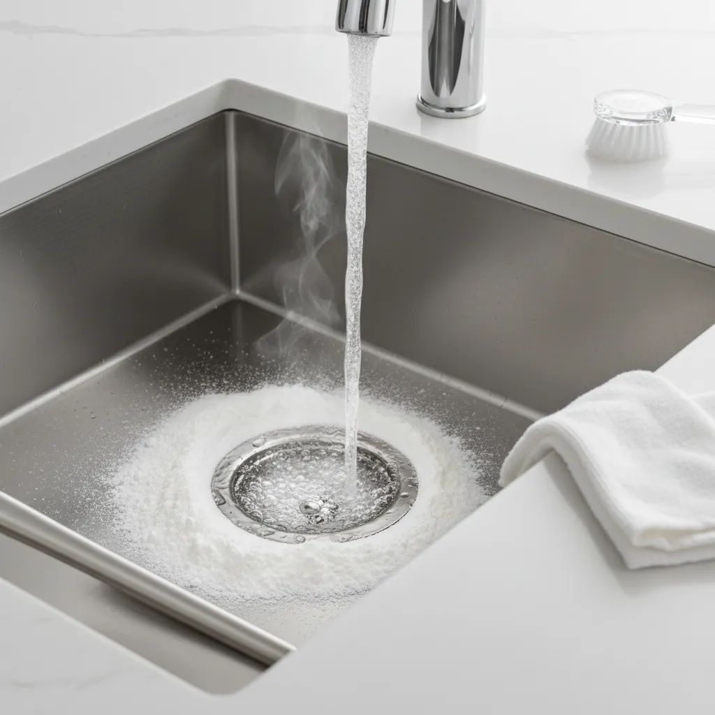 cleaning kitchen sink drain with hot water and baking soda to remove drain flies
