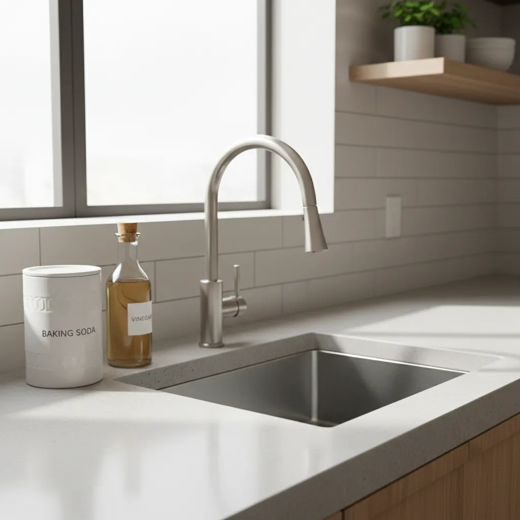 Modern kitchen sink with baking soda and vinegar cleaning method setup