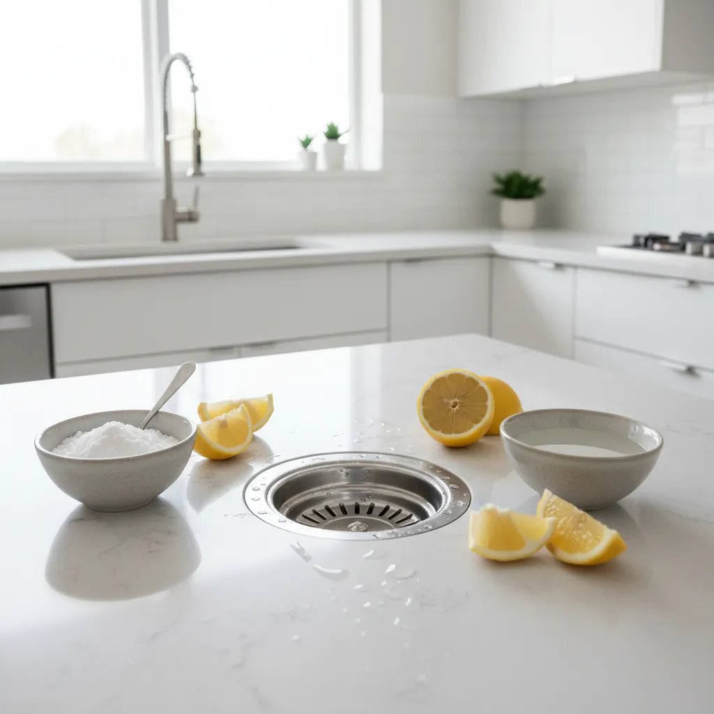 modern kitchen sink with baking soda and vinegar used for natural drain cleaning