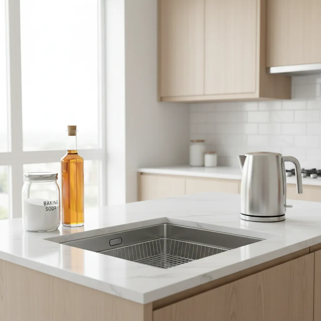 Kitchen sink with baking soda vinegar and cleaning tools for removing drain odor