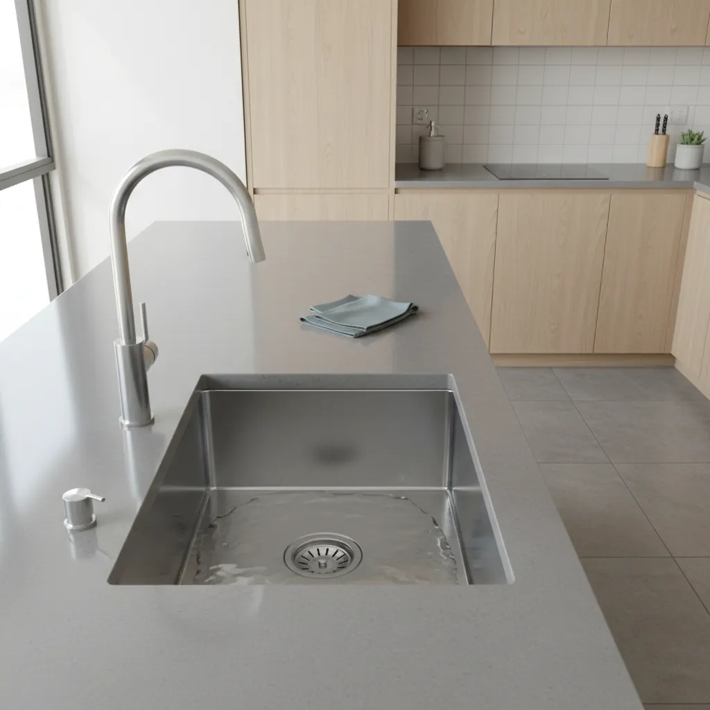 modern kitchen sink with slow draining water showing common clog scenario