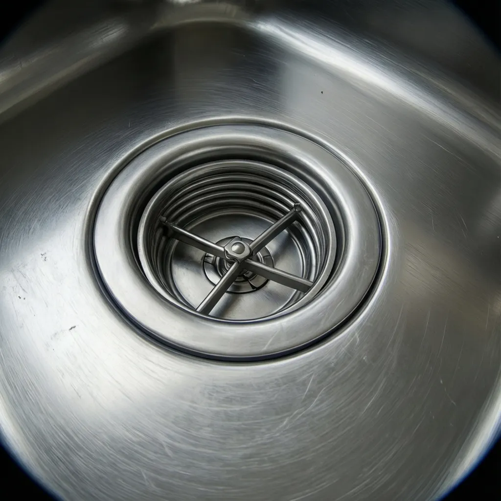 Close-up of a stainless steel kitchen sink drain flange