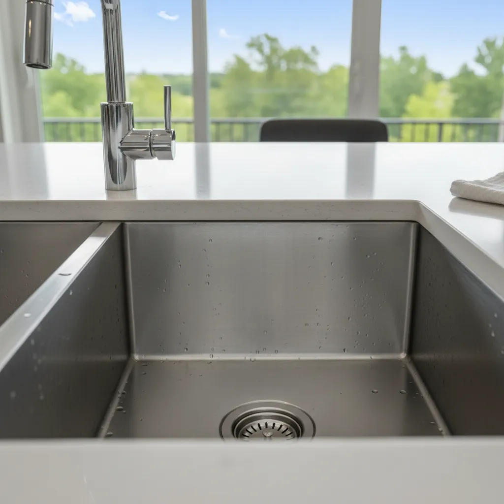Modern stainless steel kitchen sink with chrome faucet and white countertop near a bright window