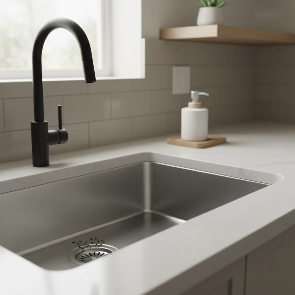 Tiny flies around a kitchen sink drain on a countertop