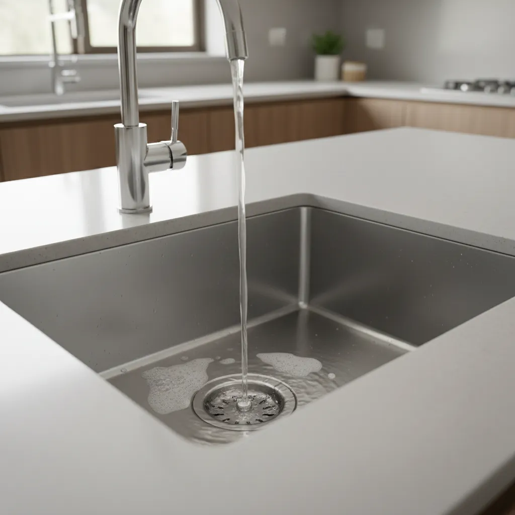 Kitchen sink with slow draining water and air bubbles indicating venting issues