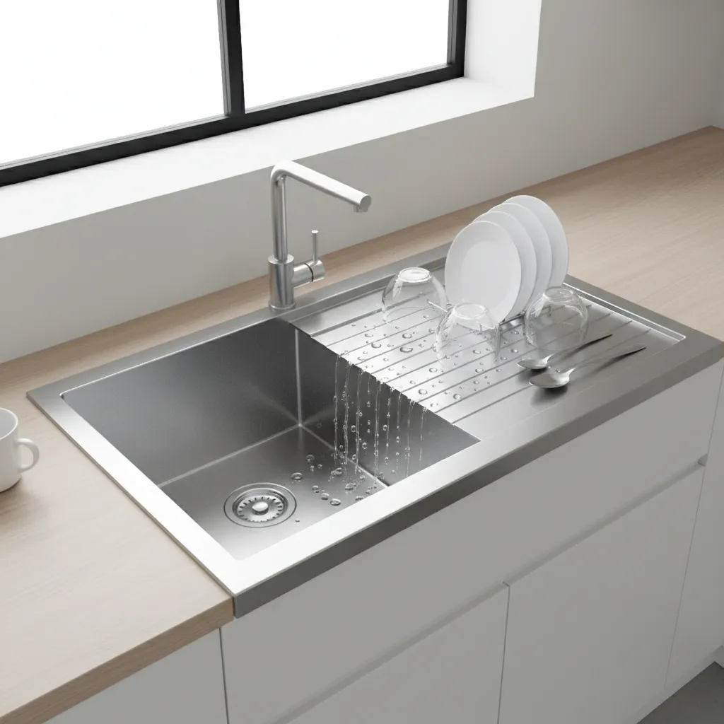 kitchen sink drainboard area showing dish drying workflow