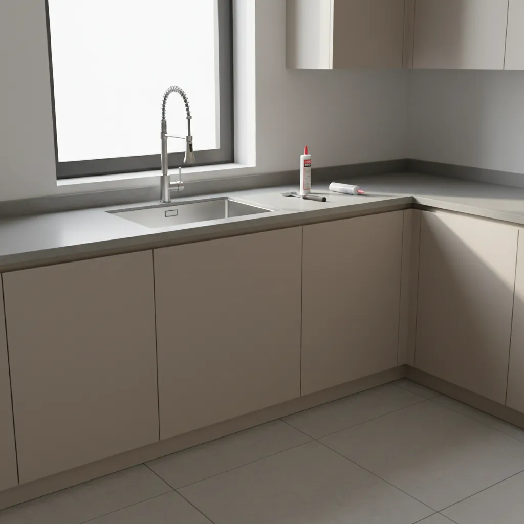 modern kitchen sink and faucet installed in quartz countertop