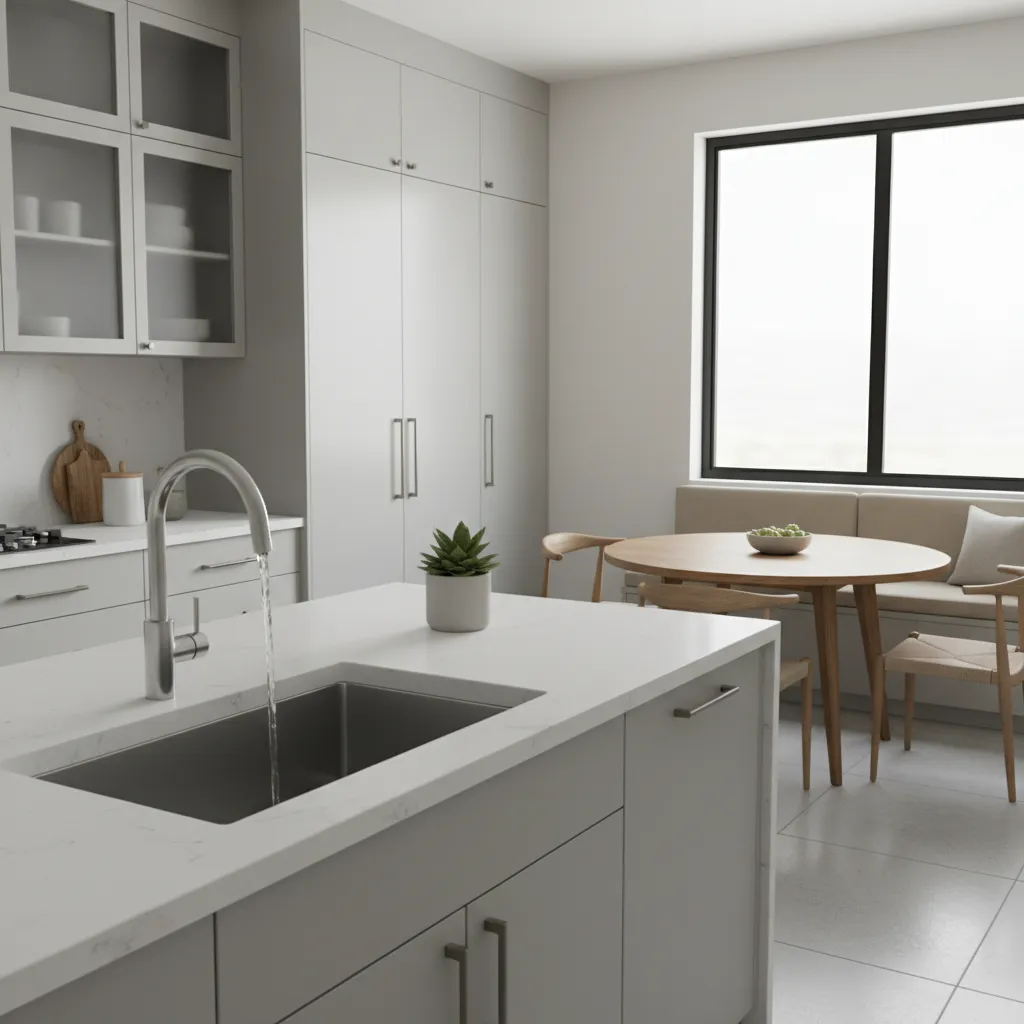 Kitchen sink faucet running cold water in modern kitchen interior