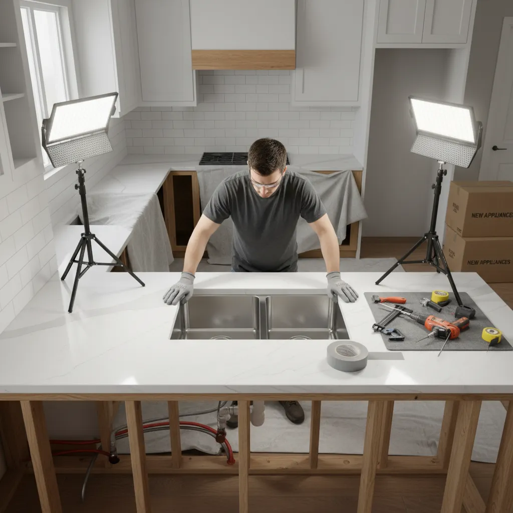 contractor installing kitchen sink into countertop