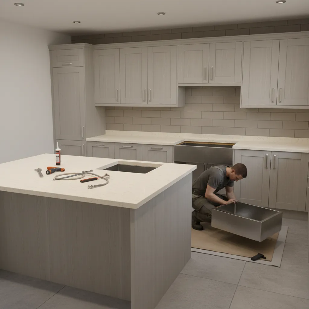 kitchen countertop with sink removed during installation process