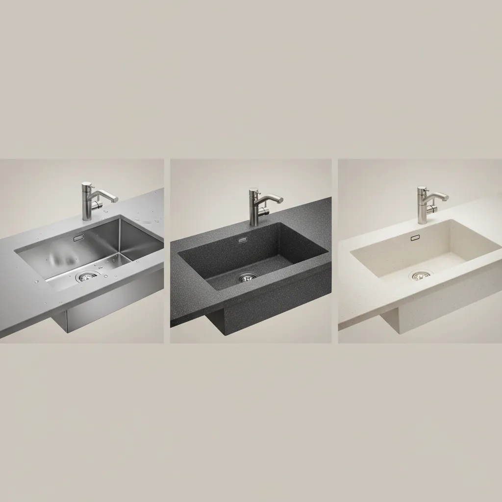 Side by side comparison of stainless steel, granite, and quartz kitchen sinks