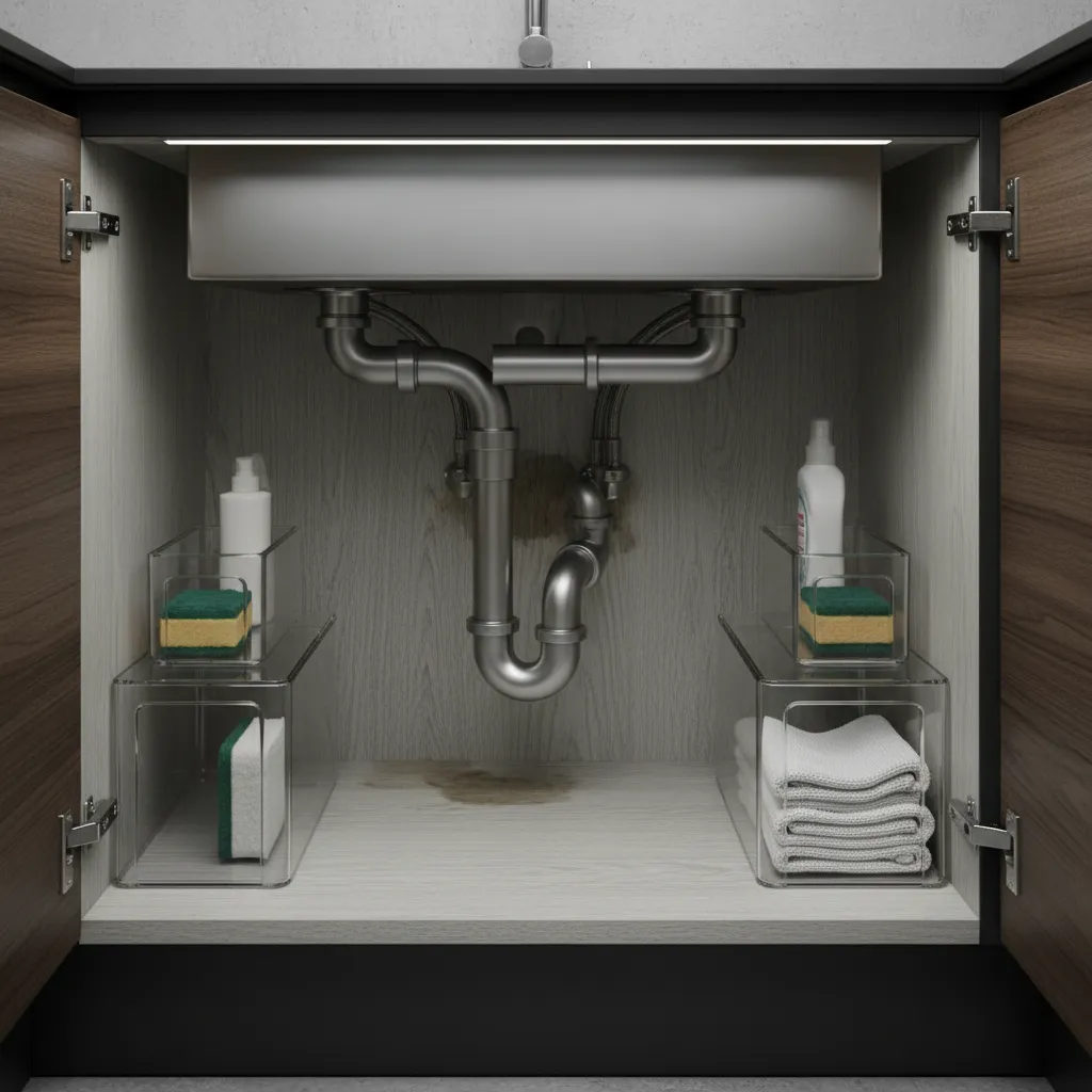 under sink cabinet showing moisture and plumbing area where flies breed