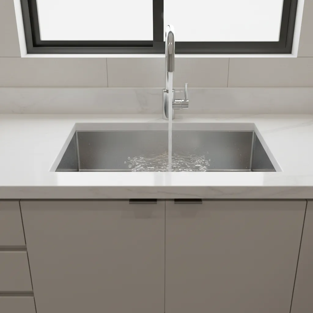 Kitchen sink with water running from silver faucet on white marble countertop and grey cabinets