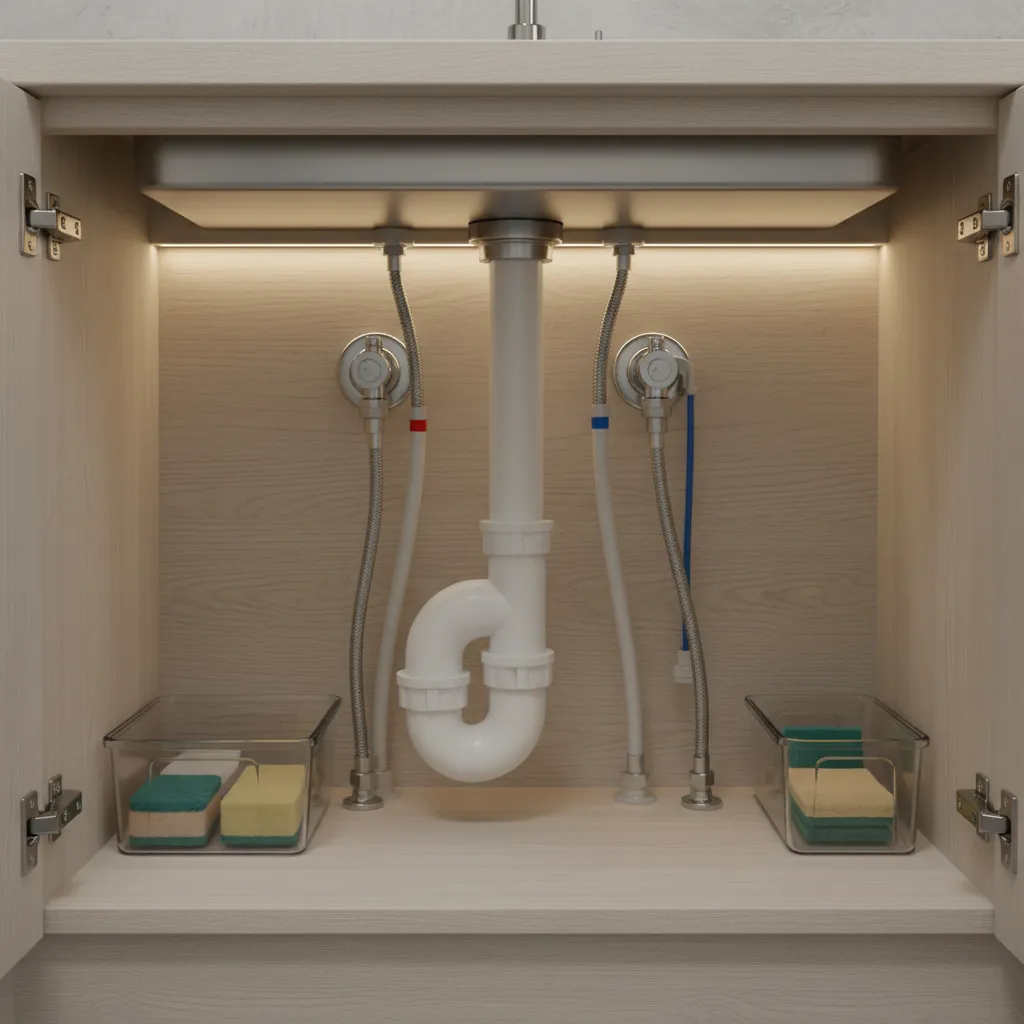 Under sink plumbing showing P trap pipe system