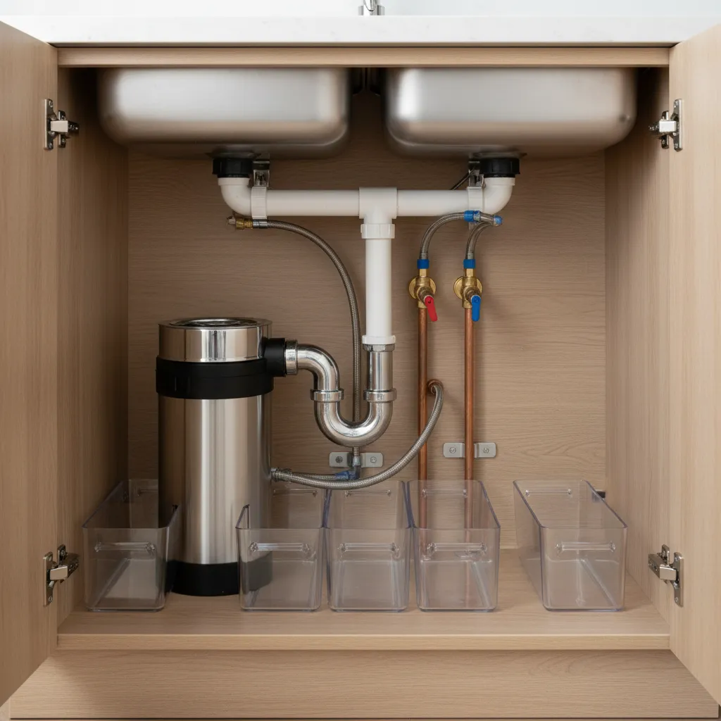 kitchen sink plumbing pipes and garbage disposal under cabinet