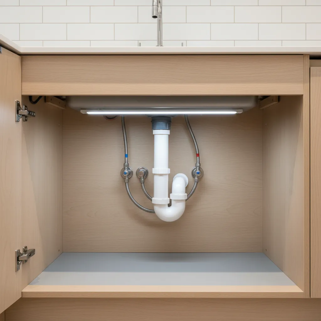 under-sink plumbing pipes and water supply connections
