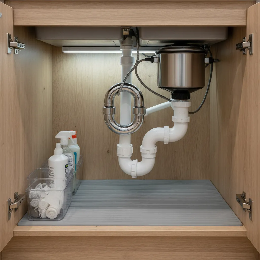 kitchen sink plumbing pipes and P trap under cabinet