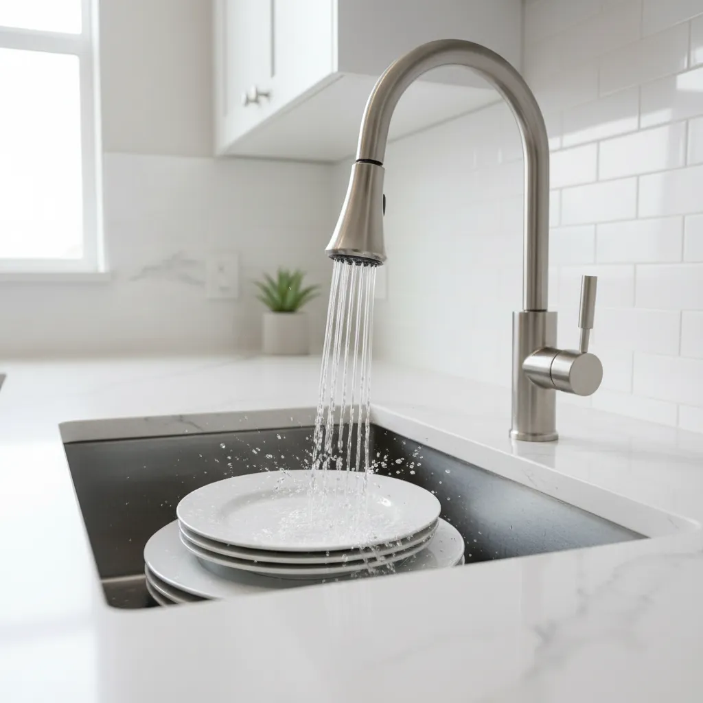 Kitchen sink sprayer rinsing dishes with strong water spray