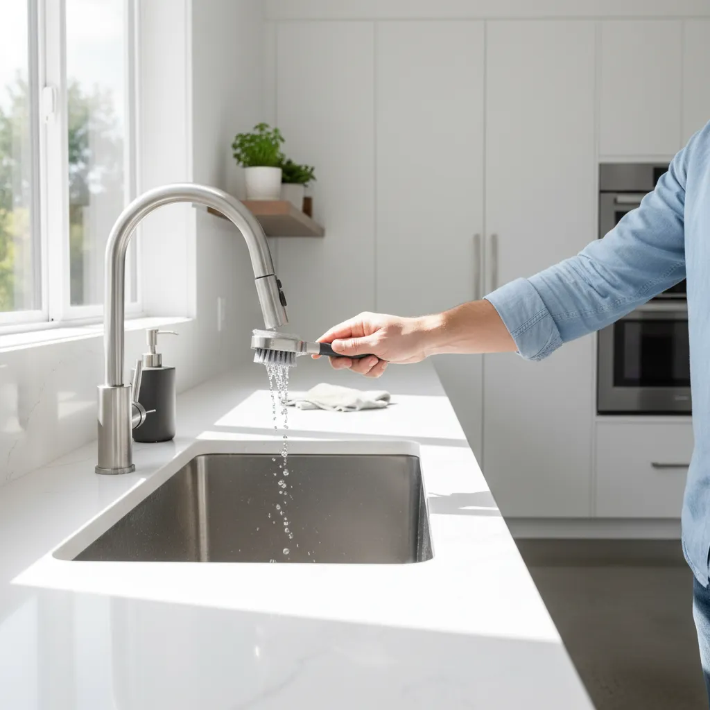 Homeowner cleaning kitchen sink sprayer nozzle to remove mineral buildup