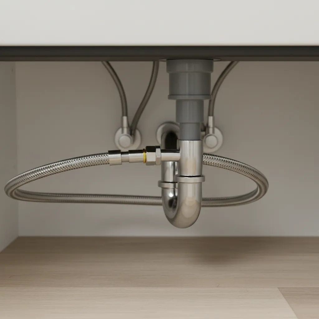 Close up of kitchen faucet sprayer and hose connection under a sink