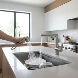 Person using a kitchen sink sprayer to wash white plates in a modern clean kitchen