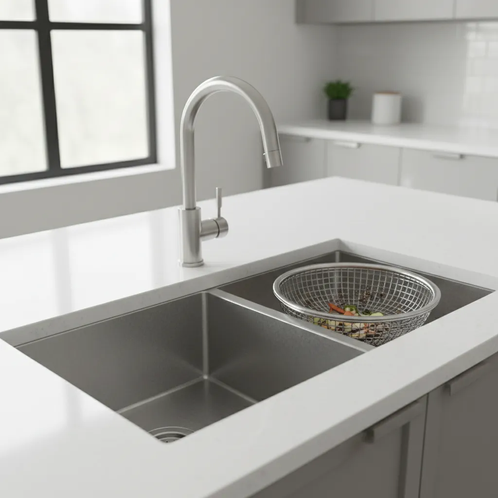 Kitchen sink with stainless steel strainer catching food scraps