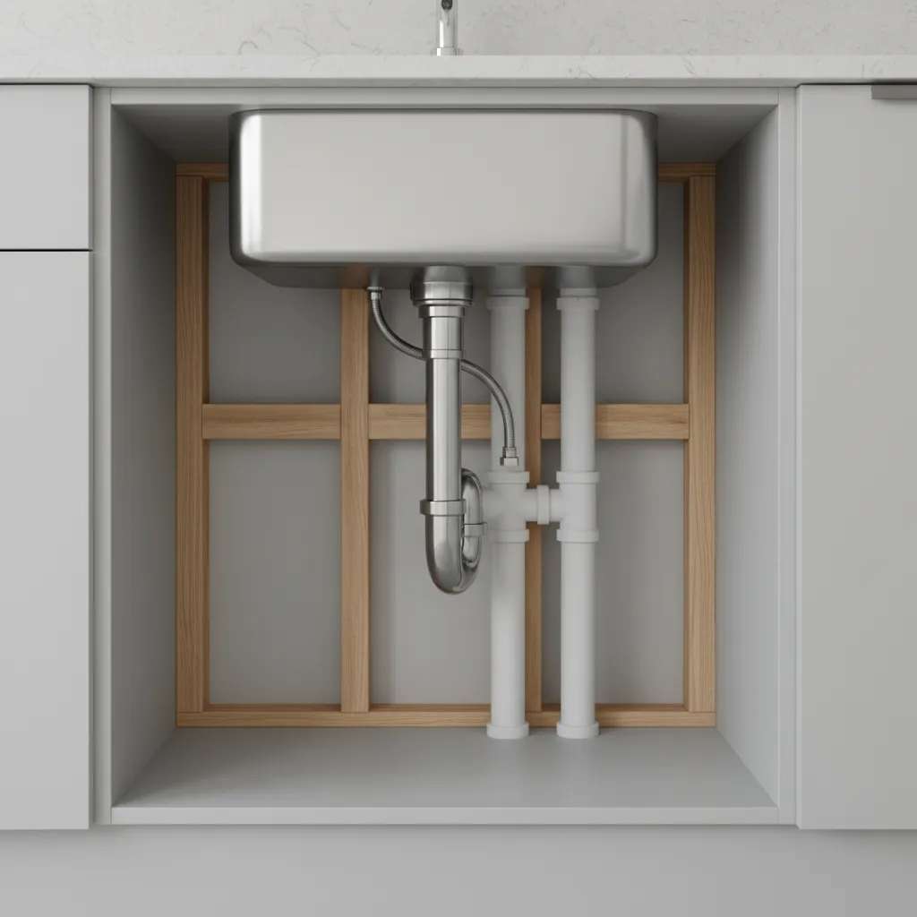 kitchen sink plumbing with vent pipe rising inside the wall behind the cabinet