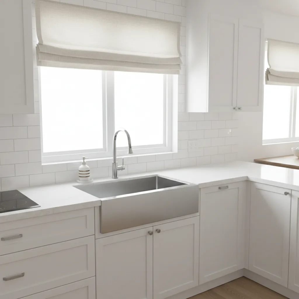 Kitchen sink window with minimal valance curtain design