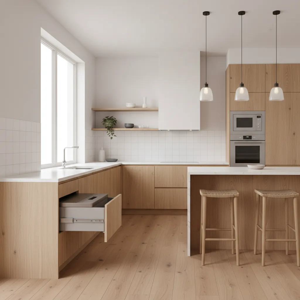 Well designed kitchen layout with sink prep area and waste bin placement