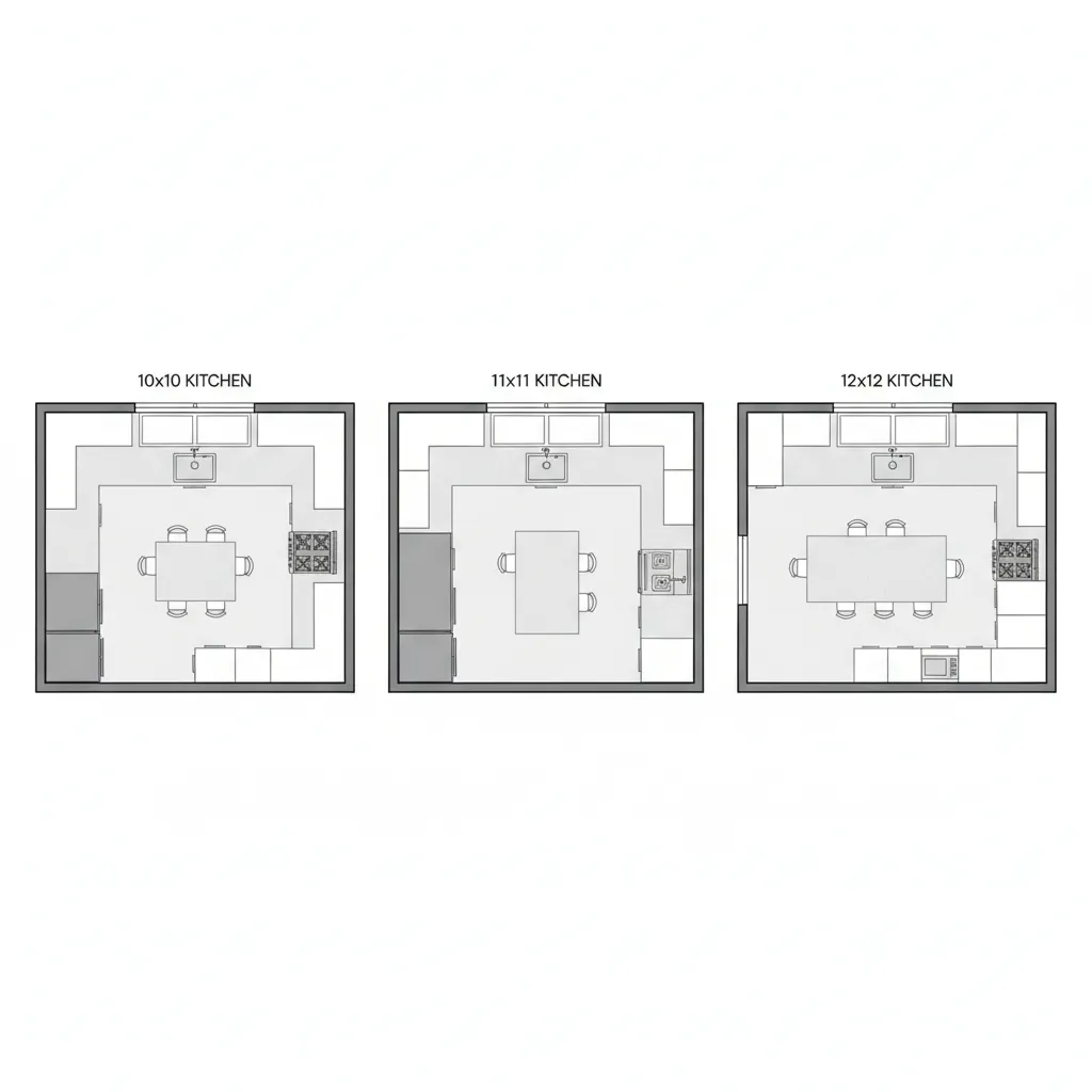 floor plan comparison of 10x10 11x11 and 12x12 kitchen sizes