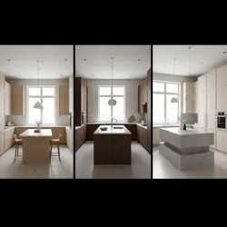 Three different kitchen layout designs showing small medium and large islands for a remodel comparison