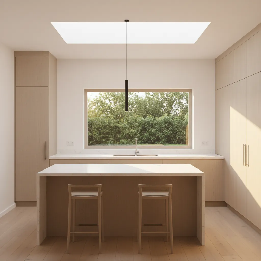Modern kitchen with skylight and east window bringing natural light from two directions