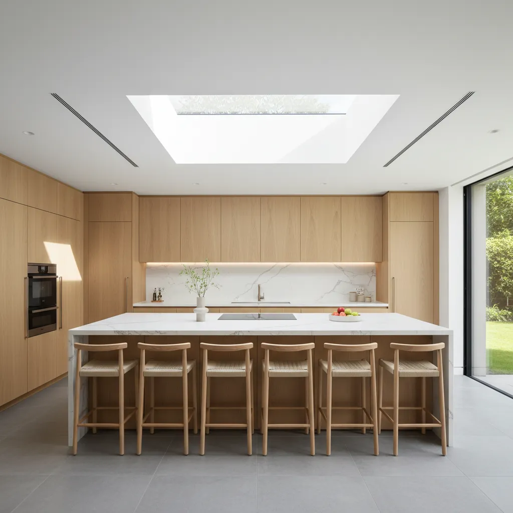 modern kitchen with skylight adding daylight above island